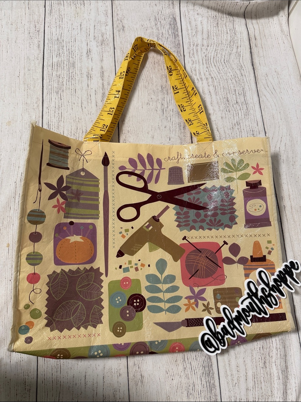 Vintage Jo-Ann Yellow Craft Sewing Print Reusable Tote Bag
